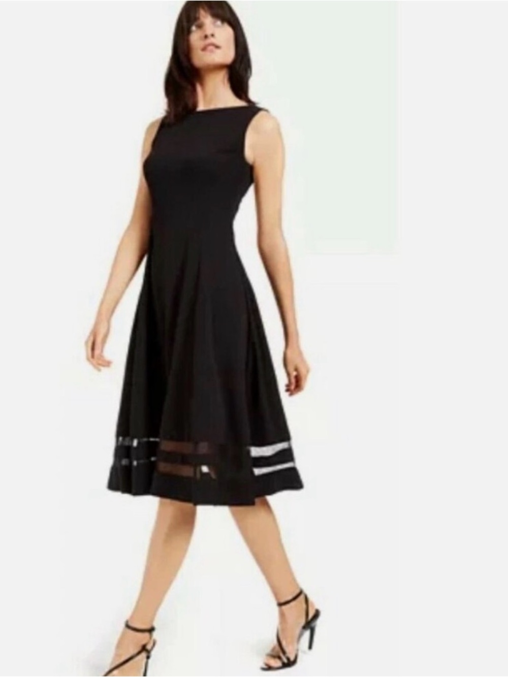Calvin Klein Sleeveless Black A-Line Midi Dress with Sheer Hem Stripes